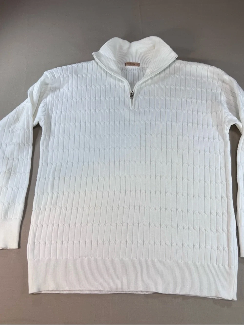 Textured Quarter Zip White Pullover Sweater Cable Knit Style Mock Neck Mens L